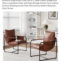 NEW Set of 2 Brown Faux Leather Sling Accent Chairs – One Assembled Once, One Still Sealed!