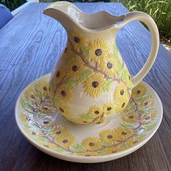 Pitcher and Bowl 1970s Hand Painted Yellow Flowers