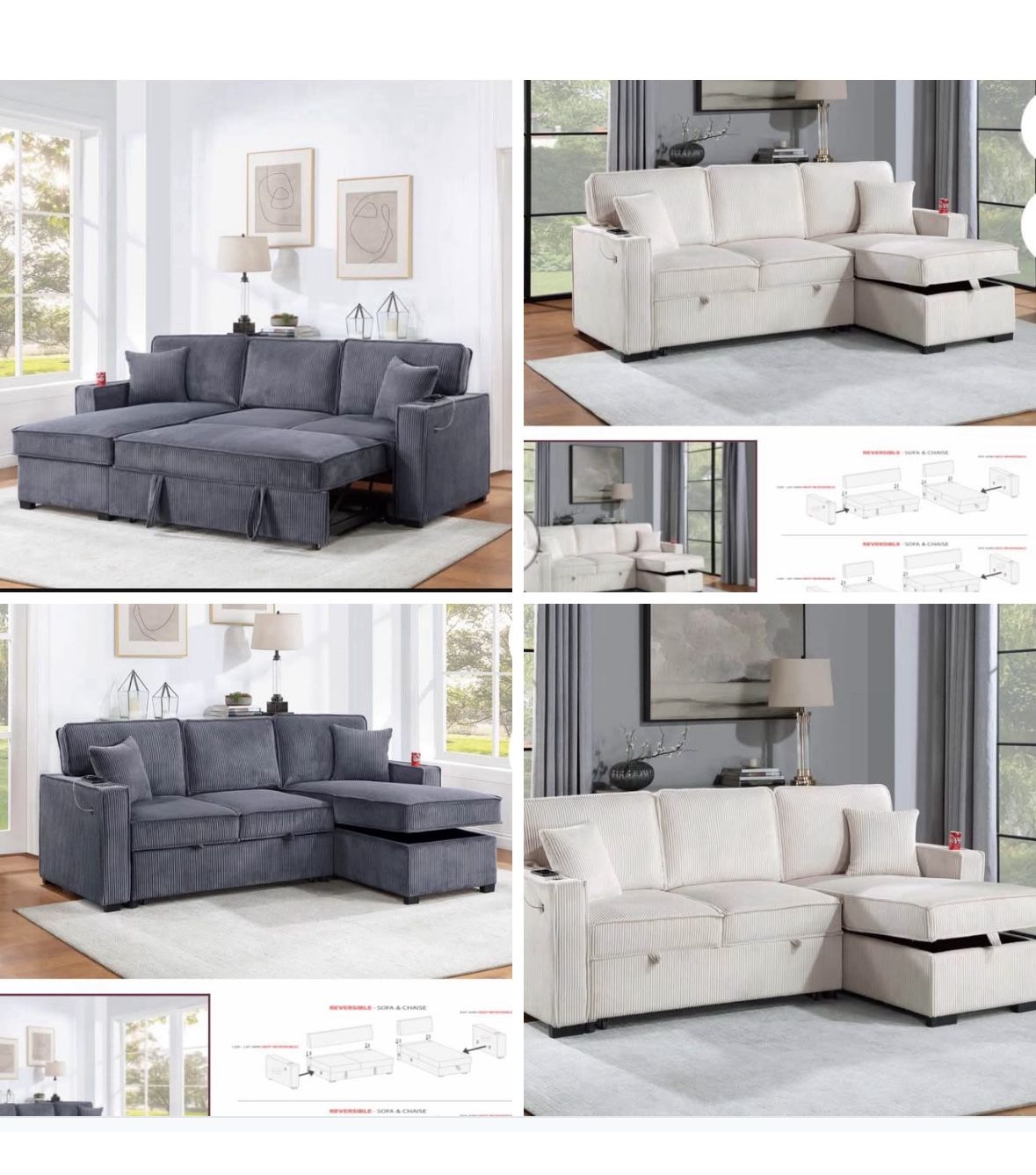 Sectional Sofa Pullout Bed W/Chaise Storage Fabric Reversible 88”x57”X33”H