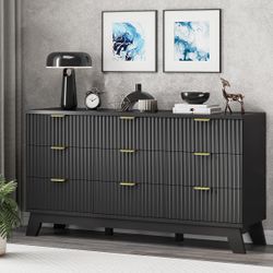 Fluted Dresser for Bedroom with 9 Drawers, 57" Wide Chest of Drawers with Metal Handle