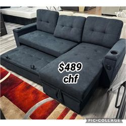84"W Dark Gray Woven Fabric Reversible Sleeper Sectional Sofa with Storage Chaise, Storage Arm, Cup Holder, Charging Ports, Side Pockets,