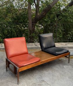 Vintage Mid Century Modern Orange & Black Two Seater Bench Modular Sofa