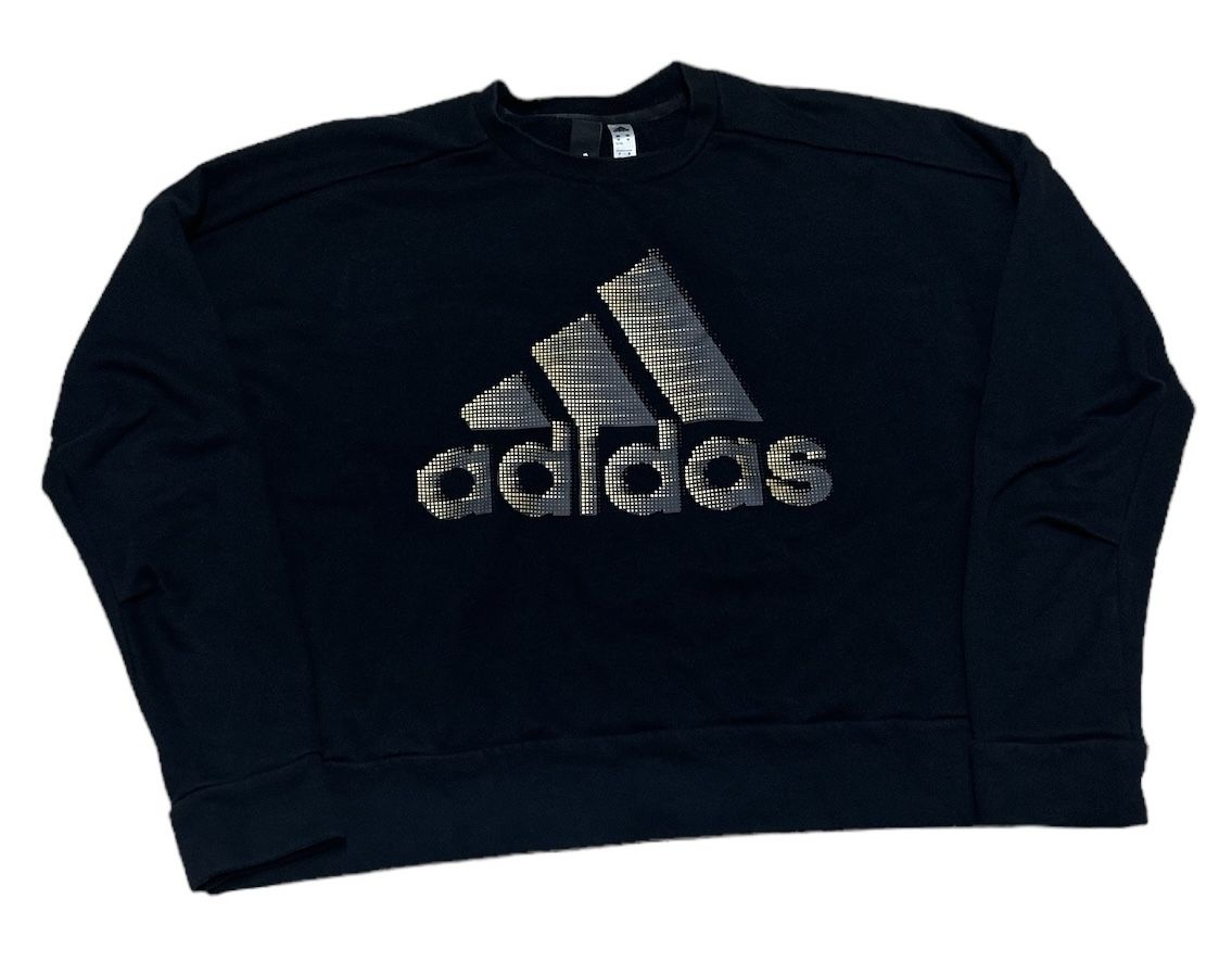 Adidas Sweatshirt Women’s M Black Gold Logo Graphic Tee Long Sleeve Cropped Crew Neck