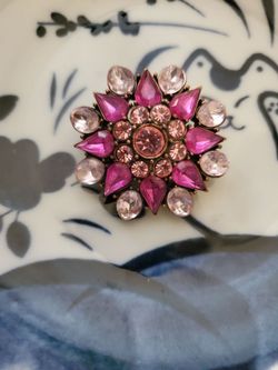 Vintage Pink Rhinestone Flower Brooch Antique Copper Sunburst Pin
