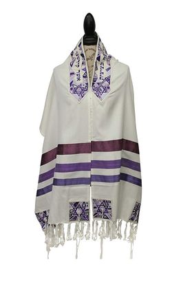 Judaica Tallit Prayer Shawl Cotton with Silk Embroidery Bag & Kippah Purple Magen David, 20" x 72"