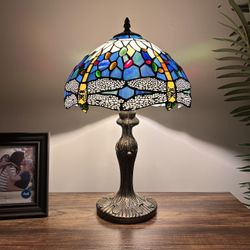Tiffany Style Table Lamp Blue Stained Glass Dragonfly LED Bulb 19"H*12"W*12"D