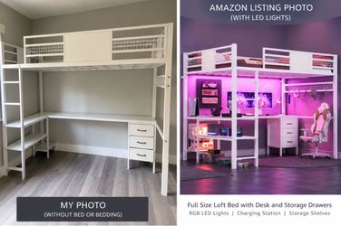 Full Size Loft Bed w/ Desk, Storage, Drawers & LED Lights