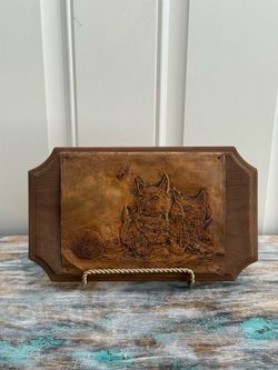Vintage Embossed Copper on Wood Wall Plaque w/Two kittens playing with a ball of yarn