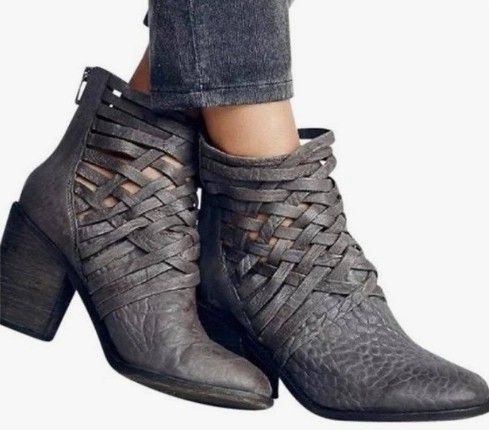 Free People Carrera Heel Grey Leather Ankle Boots 38 (7½US)