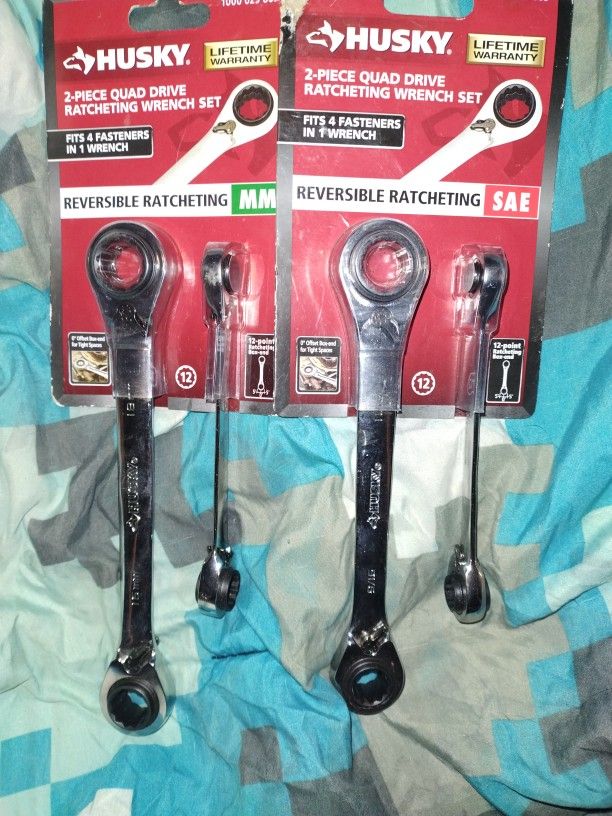 Husky 2-Piece Quad Drive Ratcheting Wrench Set  ( Reversible Ratcheting MM & SAE ) Fit 4 Fasteners In 1 Wrench 