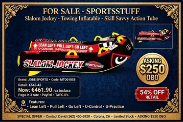 SPORTSSTUFF Slalom Jockey - Skill Savvy Action Towable Tube - Like New - $250 OBO
