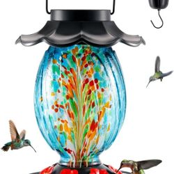 Solar Hummingbird Feeder - 49 fl.oz Hand Blown Glass Color Changing - 7 Feeding Ports with Perch - Never Leak - Perfect Hummingbird Feeder for Outdoor