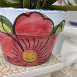 CERAMIC PLANTER GARDEN OR INSIDE POT For Aloe Plant - Flowers. Hand Painted Ceramic Indoor Outdoor Pottery W Drain Hole. Signed By Artist Monique.  