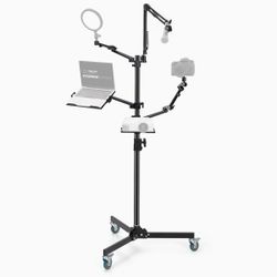 TARION Live Streaming Stand with Wheels - 61"/155cm 5-in-1 Stream Stand Equipment Kit: 1 Mic Boom + 3 Articulated Arms + 1 Projector Holder, Adjustabl