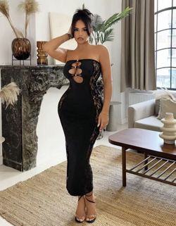 Sexy Black Dress Ladies Fashion Summer Strapless Lace Patchwork Hollow Out Midi Bodycon Dress