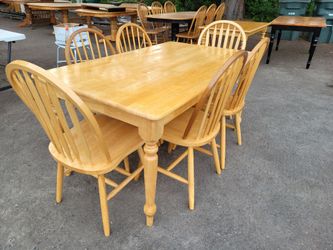 Farmhouse Dining Table And 6 Chairs/Country/Rustic/Oak/Solid Wood/Desk Option with Drawer/Western/Butcher Block/Nook/Cottage/Cabin/Log/Style/Windsor C