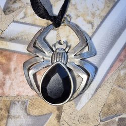 Metal Spider Pendant Black Stone On Black Ribbon 