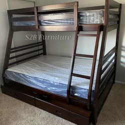 Twin Full Size Expresso Bunkbed With Orthopedic Mattress Included 
