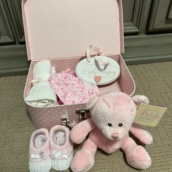 Keepsake Box in Pink with Baby Clothes, Teddy Bear and Gifts for a Baby Girl