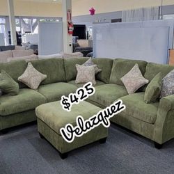 
✅️"4 pc sage green corduroy fabric sectional sofa with rounded arms and ottoman"✅️✅️