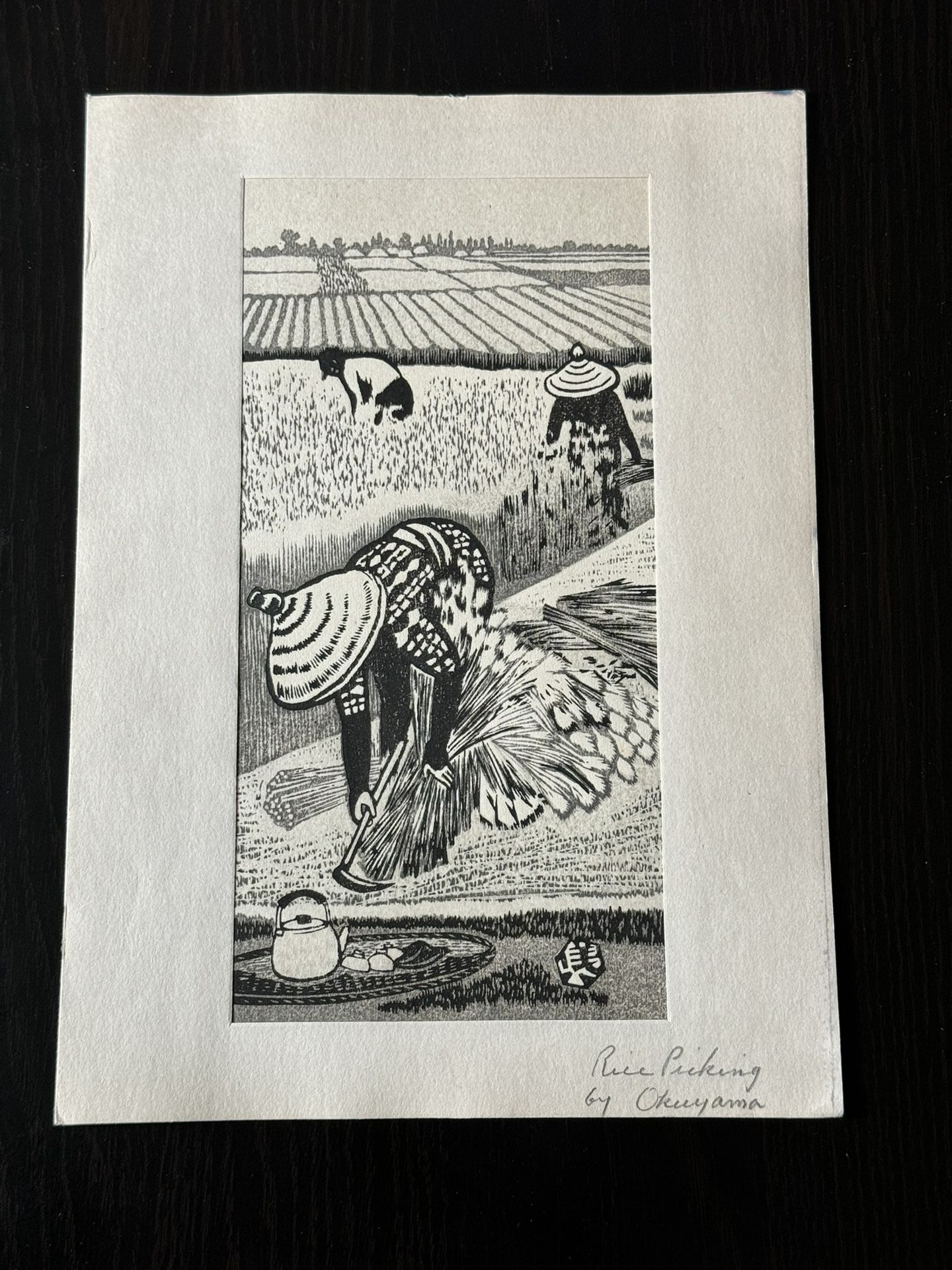 Gihachiro Okuyama - Midcentury Japanese Woodblock Print "Rice Picking"