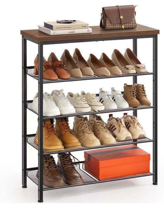 5-Tier Shoe Rack for Entryway and Small Spaces with Wooden Top & Metal Frames