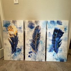 Wall Art, Feather, Canvas, Wall Art for Living Room, Bedroom, Large, Modern Artwork, Blue Watercolour Feather Print, 3 Pieces, Framed Wall Deco