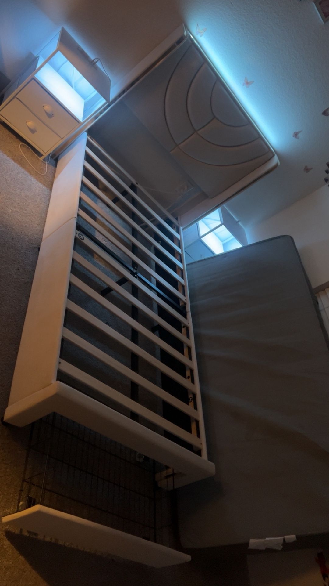 Twin bed frame with 2 nightstands, Charging Station and LED Lights, White Night Stands with 2 Fabric Drawers 