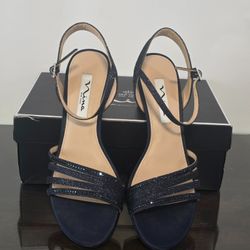 Nina Nelena Nave Blue Rhinestone Kitten Heel Sandals Women's Sz 7.5W NIB
