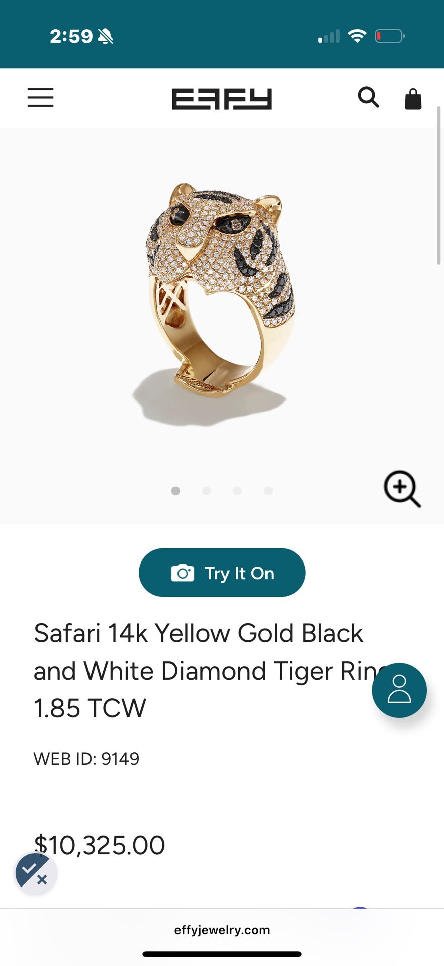 Effy 14k Safari 14k Yellow Gold Black and White Diamond Tiger Ring, 1.85 TCW
