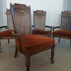 1960's Set Of 4 Matching Dinning Room Card Game Table Rolling Chairs Seats Casters 1970's Burnt Red Cushion