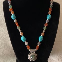 18”vintage Necklace With Multiple Genuine Gemstones & Stainless Steel Pendant With Jade Stone…