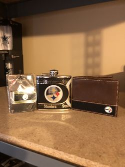 Pittsburgh Steelers money clip 6 oz stainless steel flask and bifold leather wallet