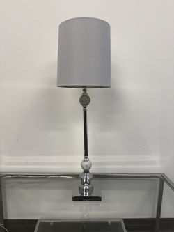 32" Chrome & Mirrored Mosaic Table Lamp – Gray Shade