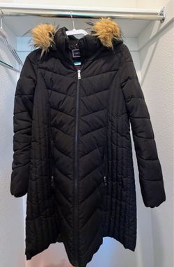 Tommy Hilfiger Womens Chevron Faux-Fur Trim Hooded Puffer Coat Black Medium looking new
