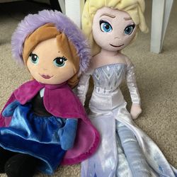 Disney Frozen Anna 12” Soft Plush Stuffed Doll & Disney Store Elsa Plush Toy 18”