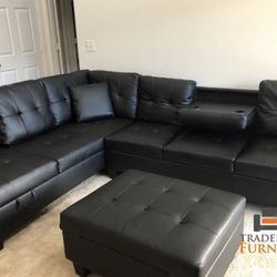 black faux leather Sectional Sofa with storage ottoman