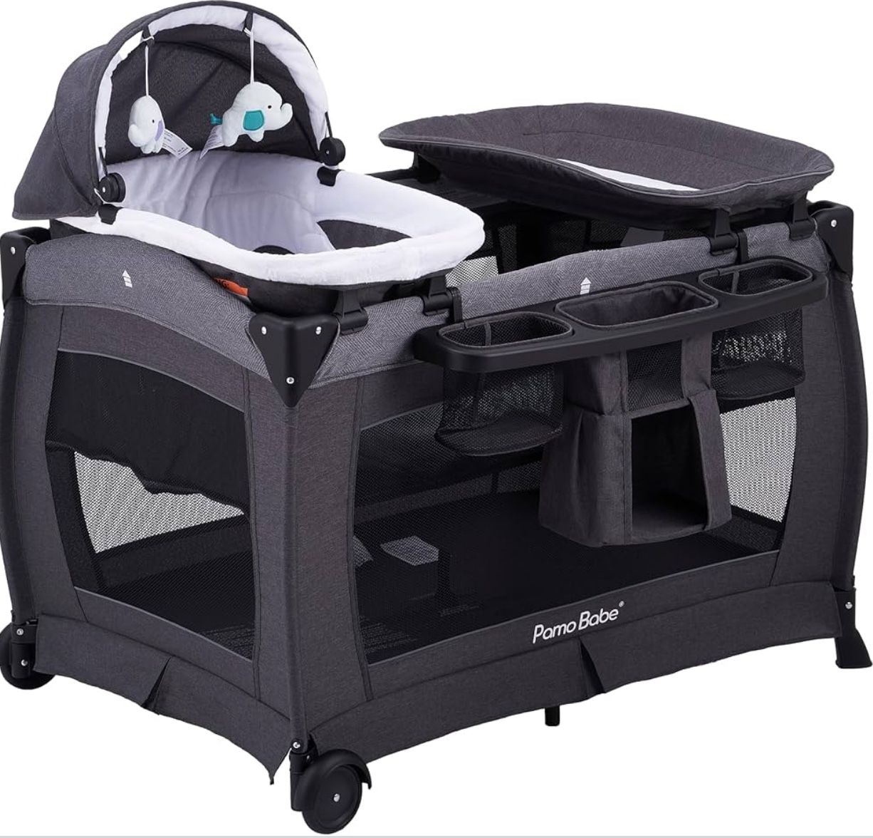 Pamo Babe Deluxe Nursery Center, Foldable Playard for Baby & Toddler, Bassinet, Mattress, Changing Table for Newborn Color: Black