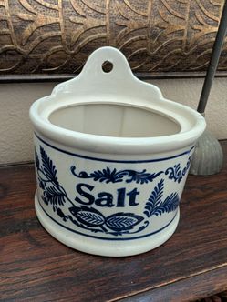 Antique German Stoneware Salt Cellar Wall Hanger Delft Blue Style 6”