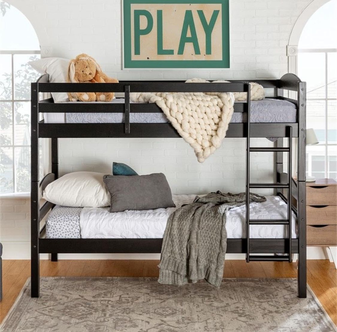 New Solid Wood Black Transitional Bunk Beds - Twin Over Twin