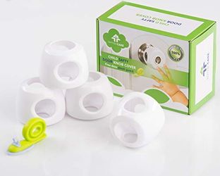 4-Pack Child Proof Door Knob Covers – Kids’ Safety Knob Protectors – Round Knobs Universal Size – Extra-Durable Plastic – Bonus Snail Pinch Guard Lock