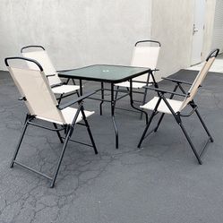 New in box $100 Patio 5pcs Dining Set with 32x32” Table and 4pc Folding Chairs, Outdoor Furniture