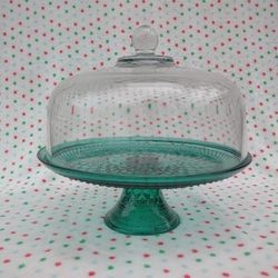 Vintage Anchor Hocking Wexford Glass Emerald Green Footed Cake Stand Punch Bowl
