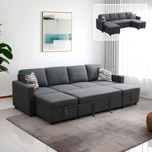 Dark Grey Sackcloth 6-Pieces Living Room Sofa Bed