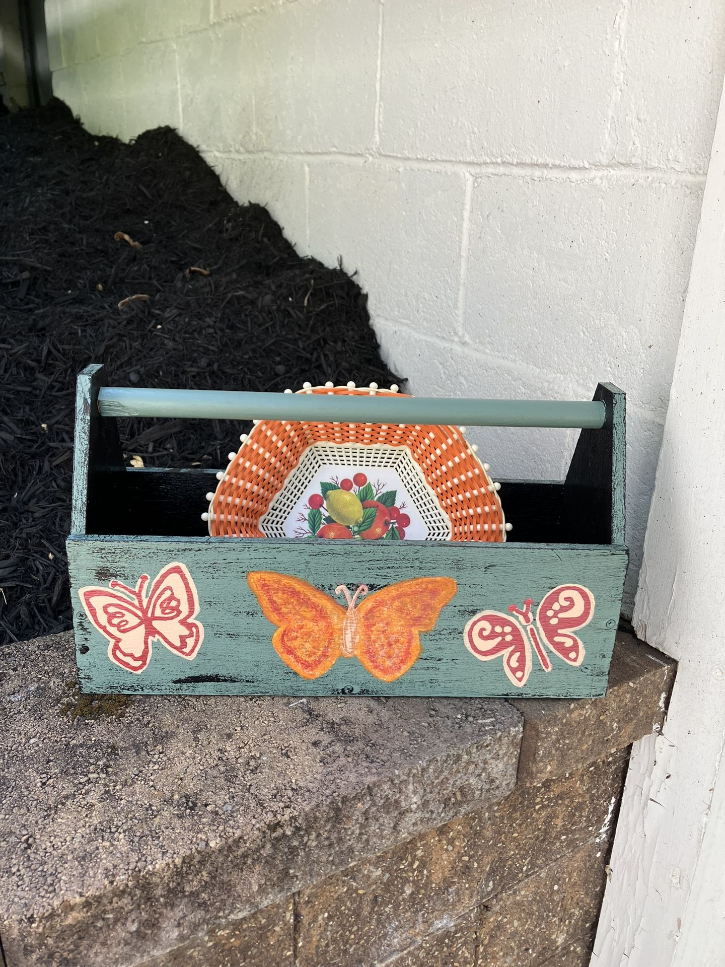Hand painted Decorative Wooden Toolbox - Vintage Plastic basket included!