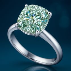 5Ct Vvs1-Cushion Blue White Moissanite rDiamond Solitaire 925 Sterling Silver Ring