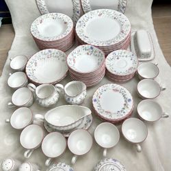 Vintage Johnson Brothers Summer Chintz 88 Pcs Floral 12 Settings Dining Set Pink Trimmed