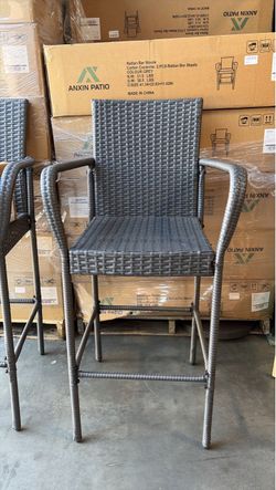 Outdoor Bar Stools. Patio Bar Chairs with Armrests and Backrest Wicker Rattan (Dark Gray)