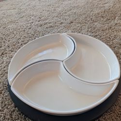 Multi Dish Glass/Ceramic Condiments Serving Platter With Underneath Wooden Tray