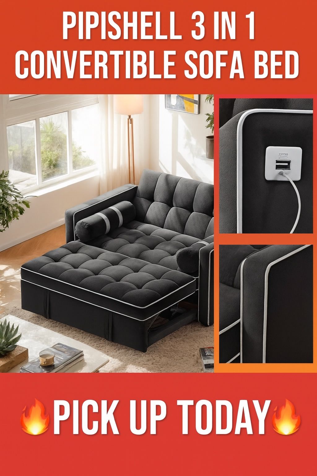 Pipishell 3-in-1 Convertible Sleeper Sofa Bed – Black Velvet – Barely Used